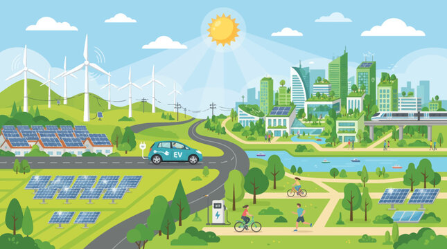 Eco-friendly city with renewable energy, electric car, and green lifestyle