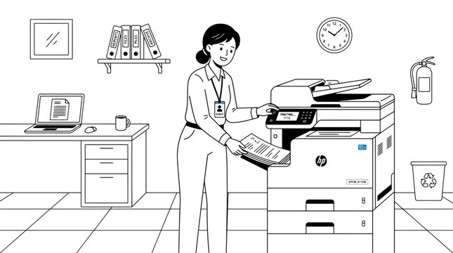 Office worker using photocopier, printing documents, administrative tasks, business concept