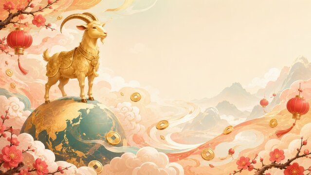 Chinese New Year golden goat and globe background banner illustration
