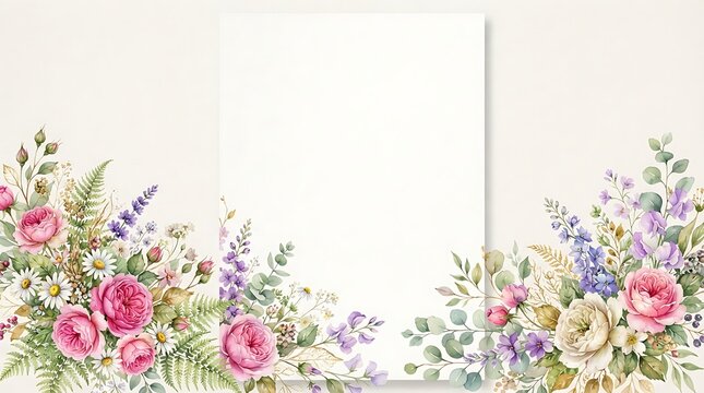Watercolor floral frame with pink roses and wildflowers