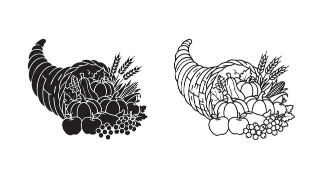 cornucopia black silhouette overflowing with harvest fruits and vegetables in outline art black silhouette and outline art vector icon