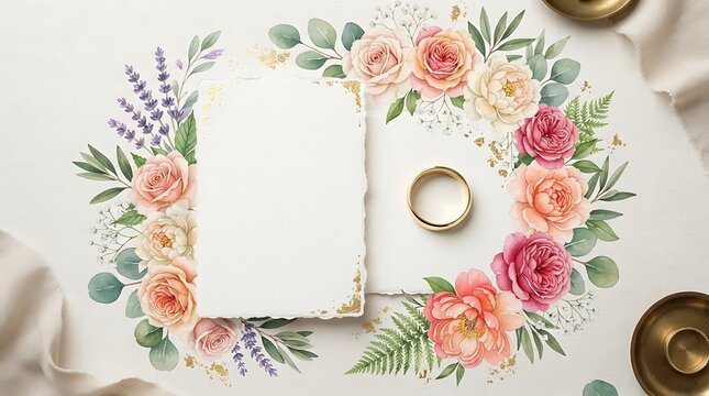 Wedding invitation card mockup with floral wreath and gold ring