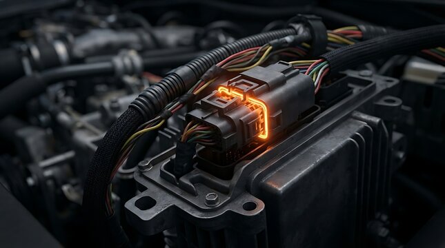 Close up of complex automotive engine wiring harness and electronic control unit with glowing orange energy flow indicating power or data transfer