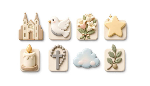 Premium 3D Clay Assumption of Mary Icon Set with Cute Kawaii Christian Symbols
