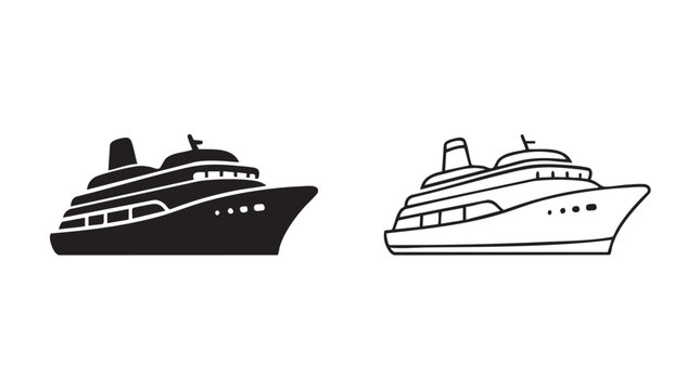 cruise ship black silhouette and outline art vector icon featuring travel, vacation
