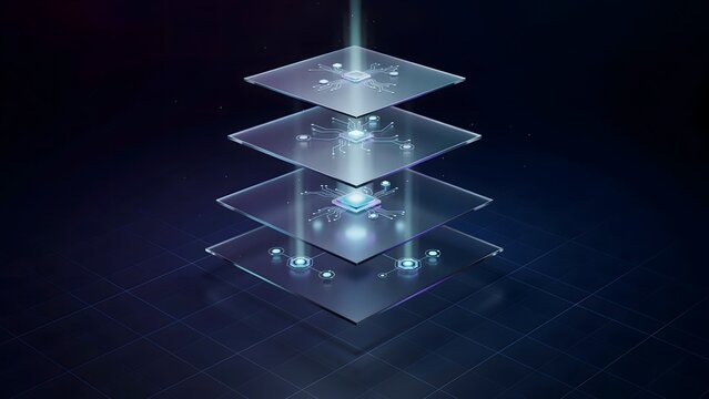 Software architecture rendered as stacked transparent glass layers &ndash; Ideal for software engineering, system architecture, or full-stack development.