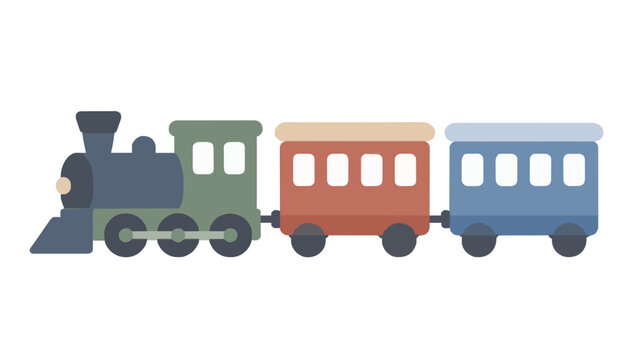 A vintage steam locomotive pulling red and blue passenger cars depicted in a colorful flat vector illustration style with simple shapes and retro colors on a white background
