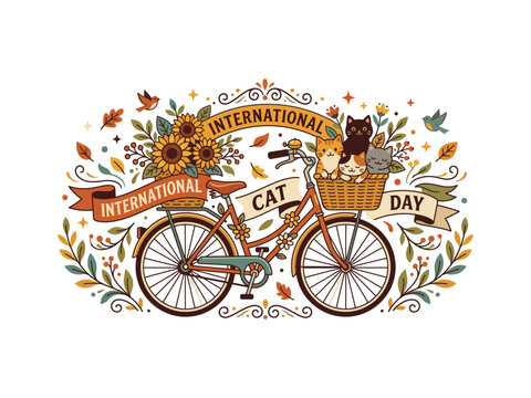 International cat day illustration with bicycle and kittens
