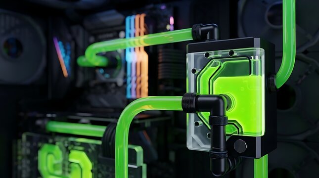 Custom liquid cooling system with bright green coolant flowing through transparent tubes inside a high-performance computer case with RGB lighting