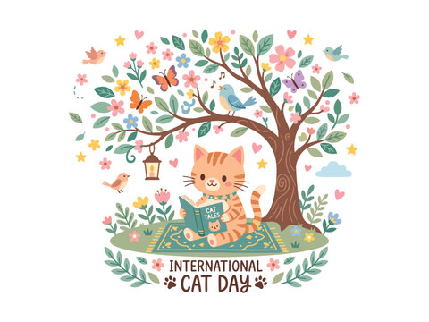 Cute cartoon cat reading a book under a tree for international cat day