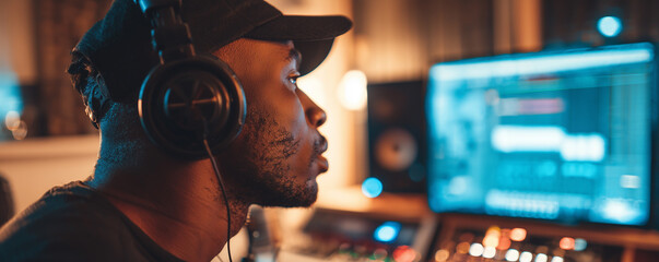 Young black man in home studio wearing headphones recording music at night © ivlianna
