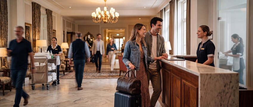 Travelers checking into hotel while staff manage busy lobby services. Concept of seamless hospitality, invisible guest support, comfortable travel accommodation.