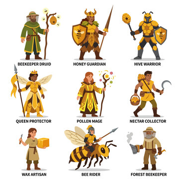 Beekeeper and honey-themed fantasy character designs.