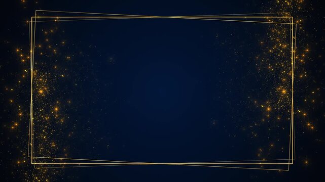 Golden sparkle frame background thin luxury border, glowing dust, dark blue space, elegant star highlights. for wedding , award titles, festive greetings, invitation designs, premium motion overlays.