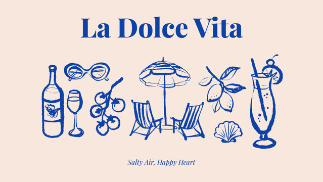 Hand drawn sketch tropical sticker set. Dolce vita summer vibe. Vintage summer Italy Mediterranean coastal vacation collection. Vector isolated illustration