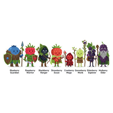 Berry fruit fantasy characters as RPG warrior and mage classes.