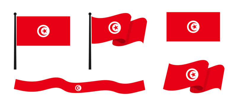 Tunisia flag vector collection in flat style. Tunisian national flags set with waving flag, rectangle icon, flagpoles and long ribbon banner isolated on white background for design.Vector illustration