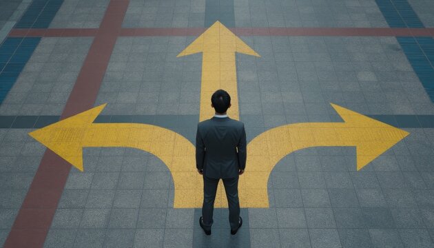 Businessman Standing at a Crossroads with Yellow Directional Arrows