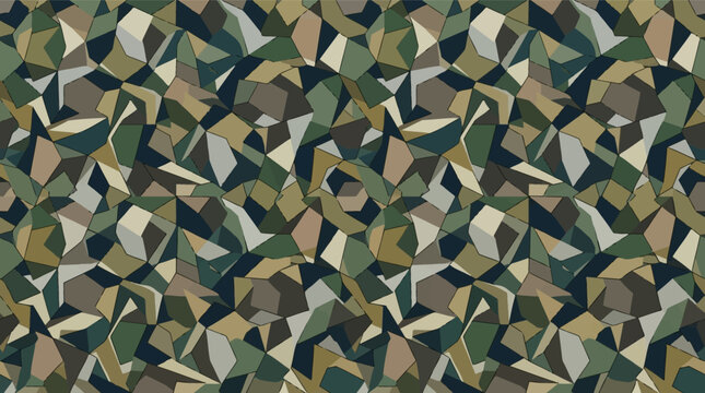 Seamless geometric camouflage pattern featuring angular mosaic polygons in earthy tones like olive green, khaki, brown, navy, and grey; abstract military style vector backdrop.