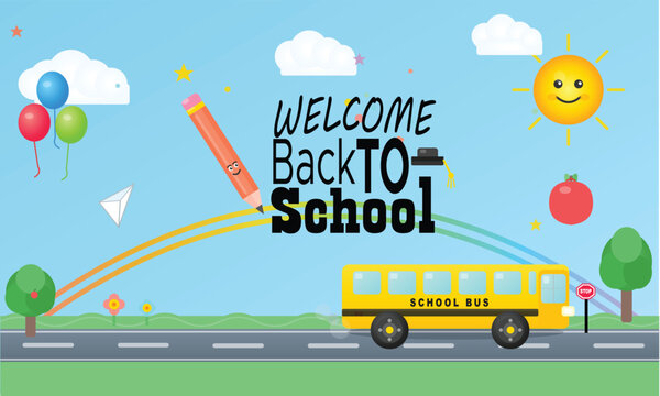Welcome Back to School banner with yellow school bus, colorful flat vector illustration of educational background with pencil, sun, and balloons