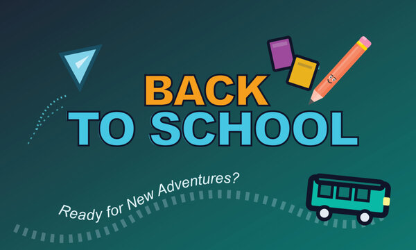 Back to school banner with educational icons, colorful school supplies and bus on green gradient background, academic learning concept vector
