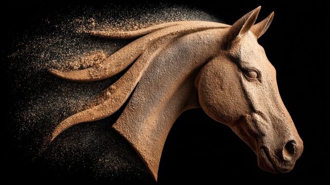 Sculpted horse head with flowing mane exploding into sand particles
