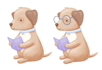 Cute dog with glasses reading book. Watercolor isolated illustration on white background for kids, hand painted pet animal