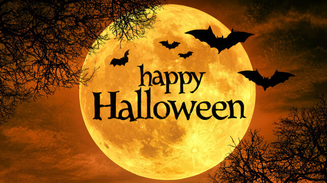 A full moon shines bright in the night sky. Bats fly around as the sky has dark clouds. It is Halloween night with decorations showing the holiday theme