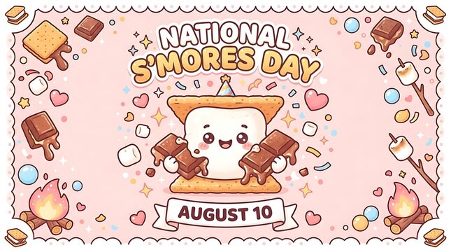 National smores day celebration illustration with cute marshmallow character