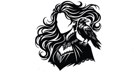 Fototapeta premium Black and white gothic portrait of a faceless woman with raven on shoulder.