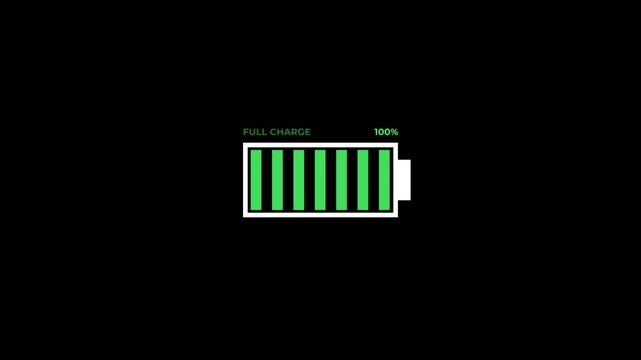 animated battery full charge 100 percent status graphic green digital power level indicator loop modern technology device charging icon animation isolated white element on black