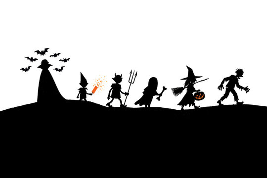 Different Halloween characters walk together on a hill. Bats fly in the sky as the group includes a witch, a ghost, a zombie, and others