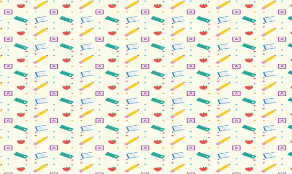 School supplies seamless pattern vector, colorful stationery background with pencils and staplers, back to school educational wallpaper for kids