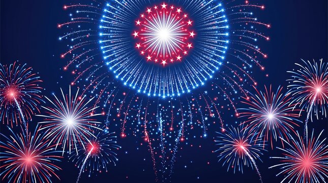 Vibrant fireworks display on dark blue background, festive pyrotechnic celebration with red and white starbursts, holiday firework background for events
