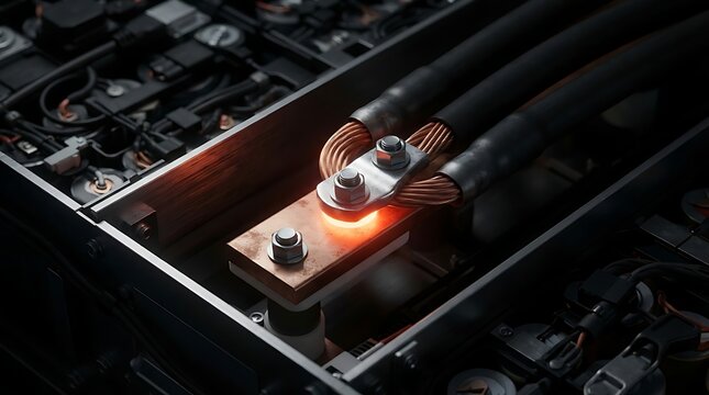 Close-up view of glowing hot copper electrical connection with thick cables in industrial machinery, highlighting energy transfer and power systems