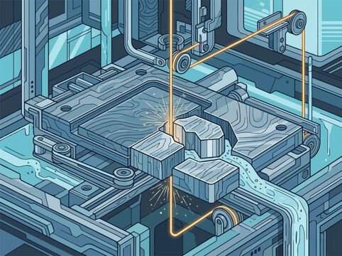 Isometric vector illustration of an industrial wire EDM machine cutting a thick steel plate, featuring orange sparks, pulleys, and dielectric fluid flow in a technical schematic style.
