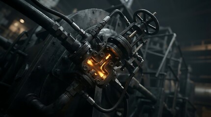 Fototapeta premium Close up on industrial machinery with glowing pipes and valves in a factory setting, steampunk aesthetic, intricate mechanical details, powerful energy flow