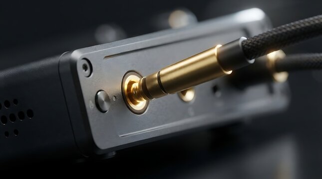 Close up of a gold plated audio jack plugged into a portable digital audio player or DAC amplifier with a braided cable connected to a device for high fidelity sound.