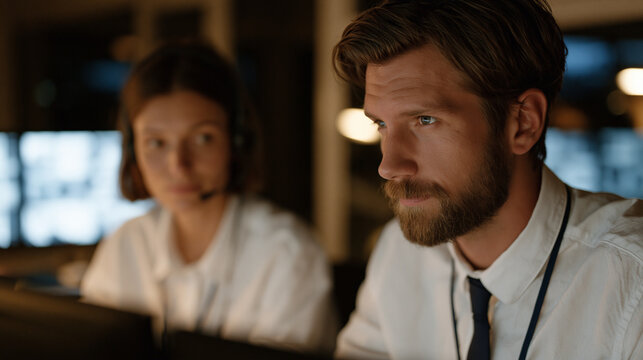 Two casino surveillance operatives reviewing a case study layout on dual monitors in an empty dimly lit monitoring suite, banks of blank screens reflected behind them suggesting