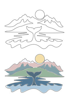 One line art vector whale tail in ocean against sun over mountains, minimalist isolated outline and color versions