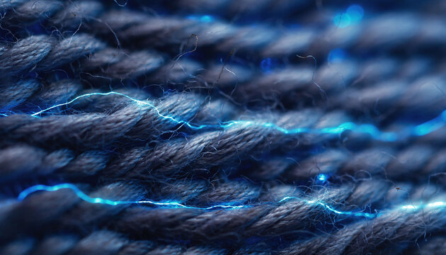 Electric blue light pulses through a textured macro dark rope with nobody present, evoking feelings of powerful energy, hightech connectivity, and futuristic scifi innovation.