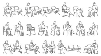 Fototapeta premium Diverse CAD Figures Depicting Individuals Waiting in Public and Private Settings