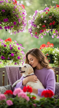 Woman embracing a dog amidst blooming petunias, symbolizing companionship, nature, and peaceful moments, perfect for lifestyle and relaxation themes
