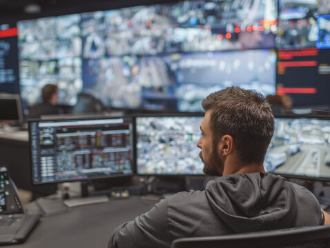 Security operator watching multiple surveillance screens in control room