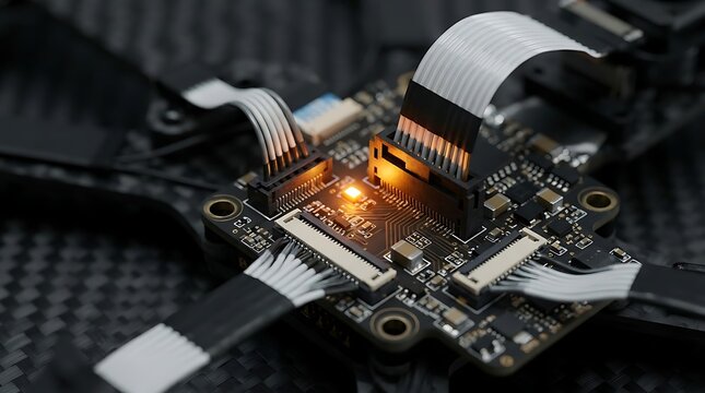 Close up of a complex electronic circuit board with glowing orange LED lights and ribbon cables connected, showcasing advanced technology and intricate wiring for modern devices.