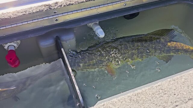 Close view of bass tails and scales under rippling live well water, with oxygen bubbles, gray boat hardware, and sunny lake fishing catch management scene.