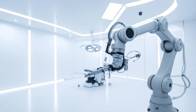 White industrial robotic arm in sterile operating room.