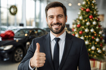 Fototapeta premium A smiling man in a suit gives a thumbs-up indoors near a decorated Christmas tree and parked cars.