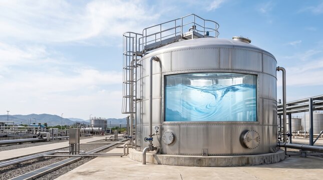 industrial stainless steel storage tank with a large rectangular viewing window showing clean water with a swirling inside, located at a facility