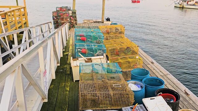 Working waterfront pier filled with colorful lobster pots, blue barrels, fishing ropes, wooden ramp, and calm harbor water for commercial fishing and maritime footage.